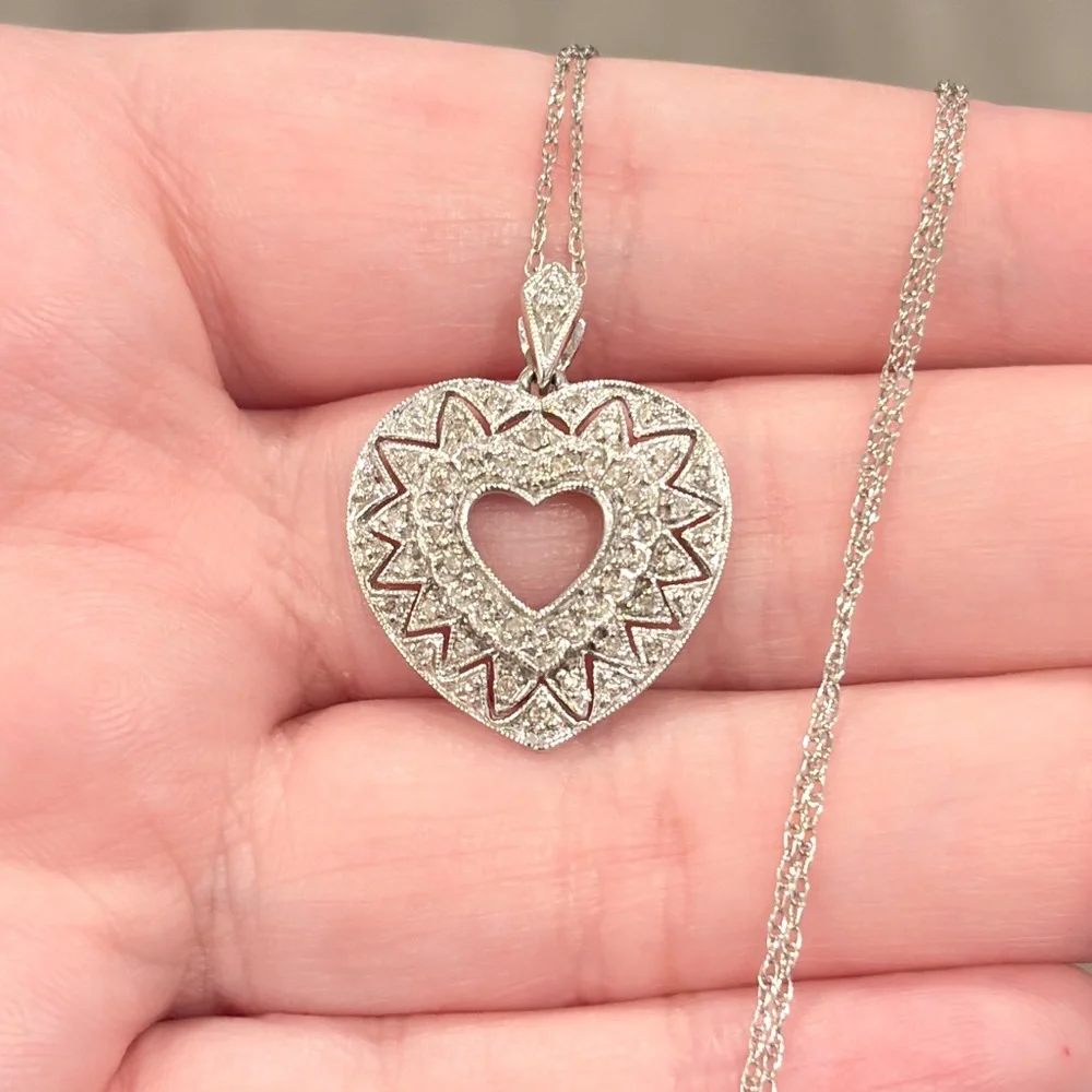10K Diamond Heart Necklace, Dainty Filigree, Lavalier Style, White Gold, ADL - Picture 4 of 12